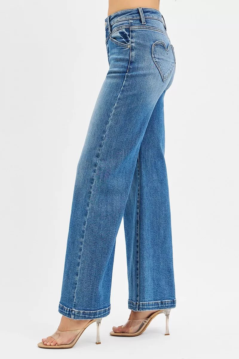 RISEN High Rise Wide Leg Jenas with Front Yoke and Heart Back Pocket - Bitsy Gypsy Boutique