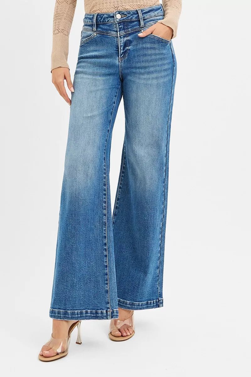RISEN High Rise Wide Leg Jenas with Front Yoke and Heart Back Pocket - Bitsy Gypsy Boutique