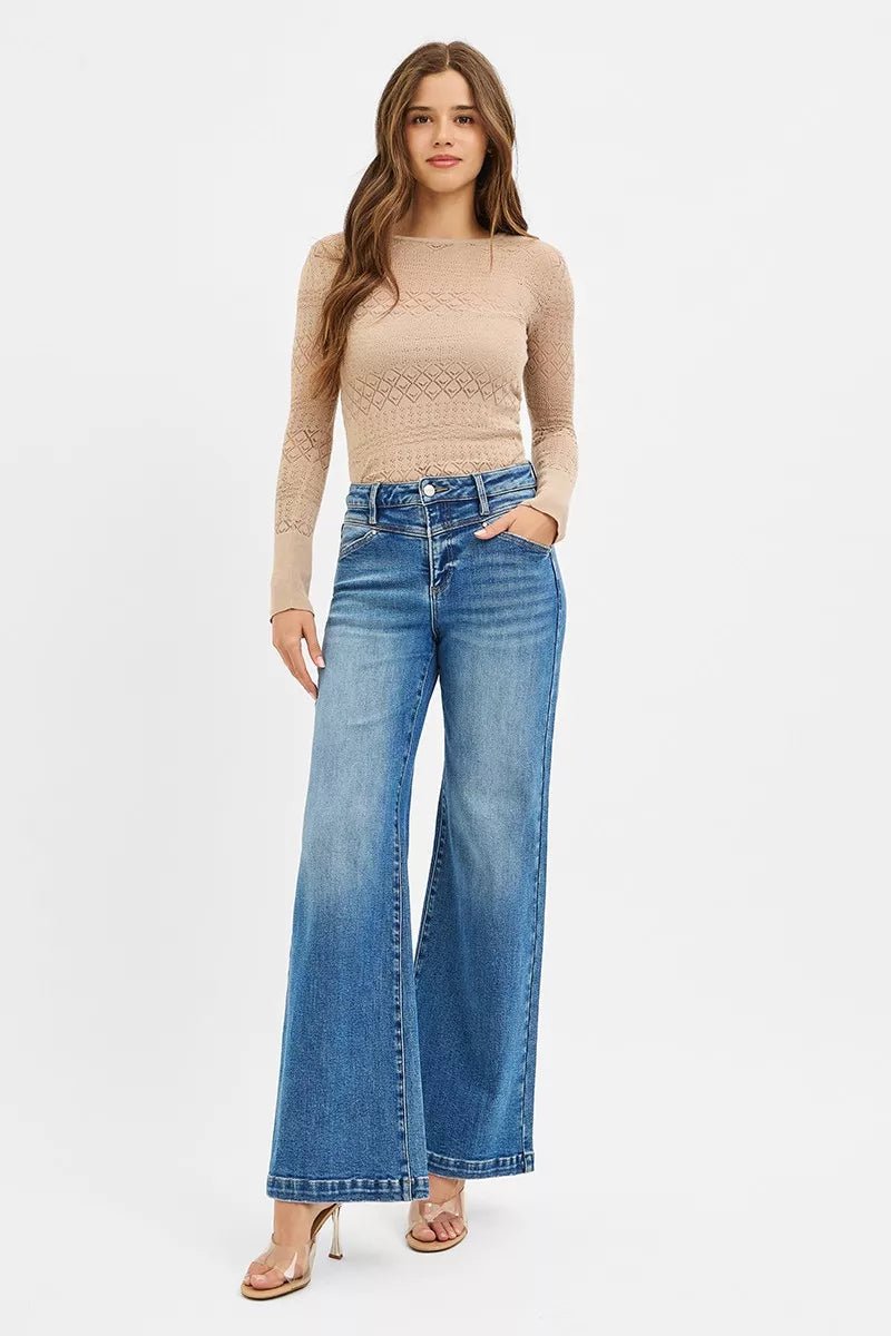 RISEN High Rise Wide Leg Jenas with Front Yoke and Heart Back Pocket - Bitsy Gypsy Boutique