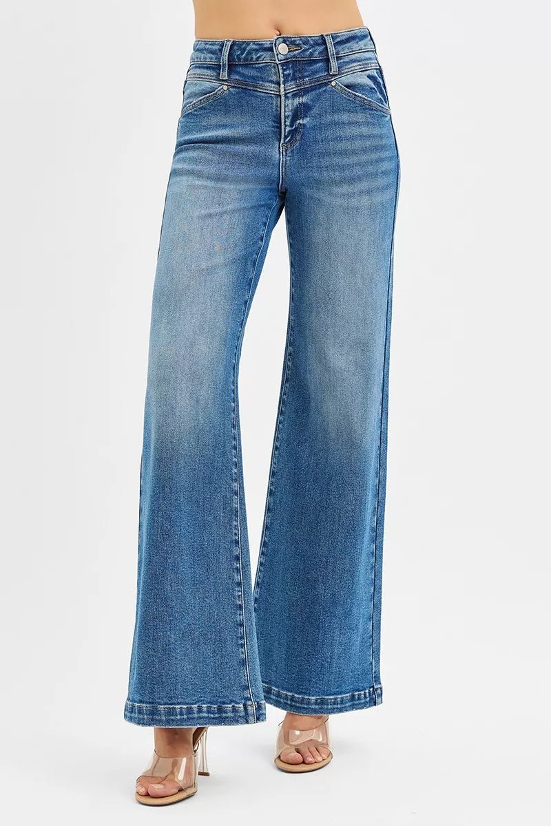 RISEN High Rise Wide Leg Jenas with Front Yoke and Heart Back Pocket - Bitsy Gypsy Boutique