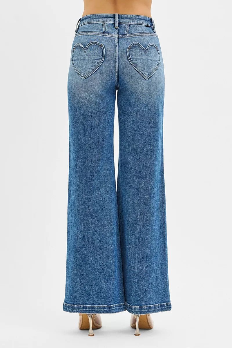RISEN High Rise Wide Leg Jenas with Front Yoke and Heart Back Pocket - Bitsy Gypsy Boutique