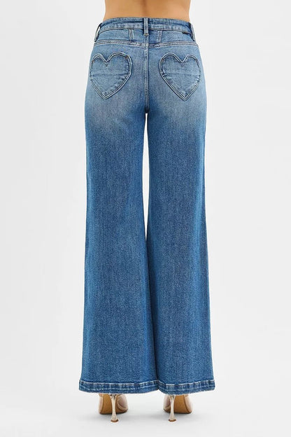 RISEN High Rise Wide Leg Jenas with Front Yoke and Heart Back Pocket - Bitsy Gypsy Boutique