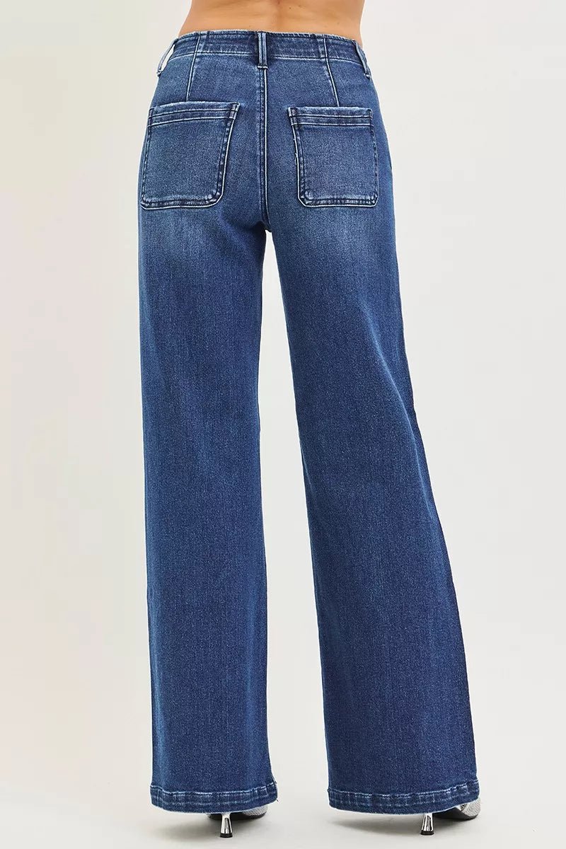 RISEN High Rise Wide Leg Slanted Pocket Jeans - Bitsy Gypsy Boutique