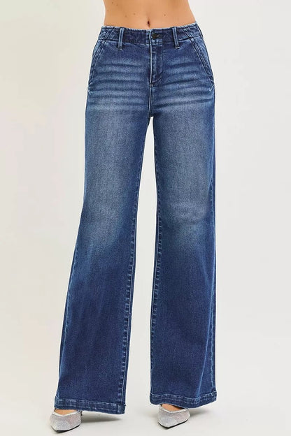 RISEN High Rise Wide Leg Slanted Pocket Jeans - Bitsy Gypsy Boutique