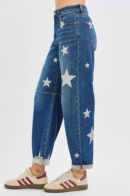 RISEN Mid Rise Ankle Length Relaxed Barrel Star Printed Jeans - Bitsy Gypsy Boutique