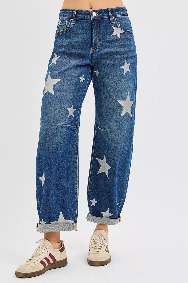 RISEN Mid Rise Ankle Length Relaxed Barrel Star Printed Jeans - Bitsy Gypsy Boutique