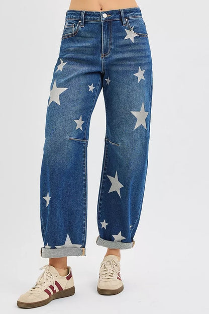 RISEN Mid Rise Ankle Length Relaxed Barrel Star Printed Jeans - Bitsy Gypsy Boutique