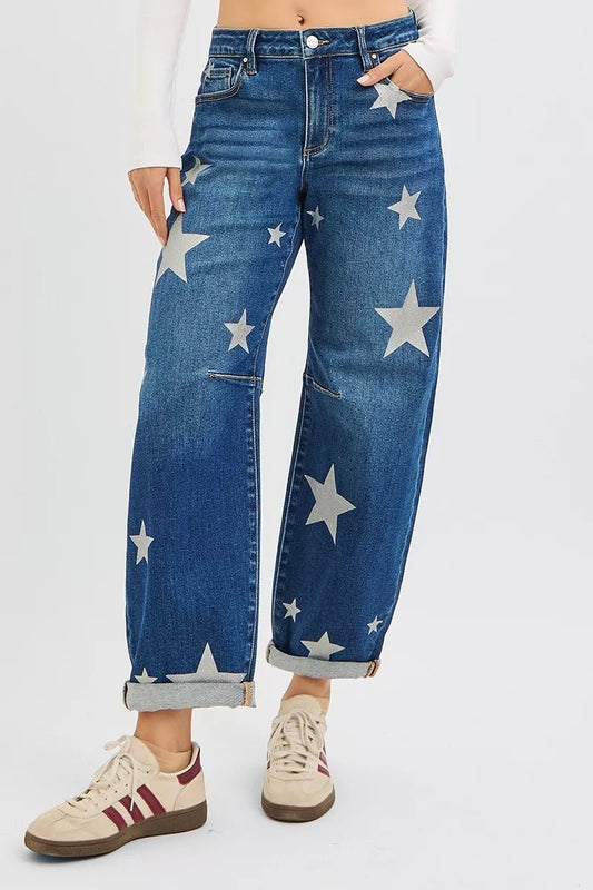 RISEN Mid Rise Ankle Length Relaxed Barrel Star Printed Jeans - Bitsy Gypsy Boutique