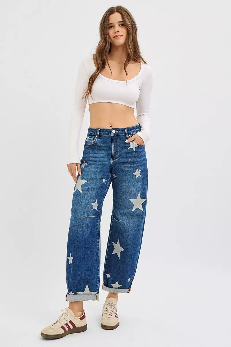 RISEN Mid Rise Ankle Length Relaxed Barrel Star Printed Jeans - Bitsy Gypsy Boutique