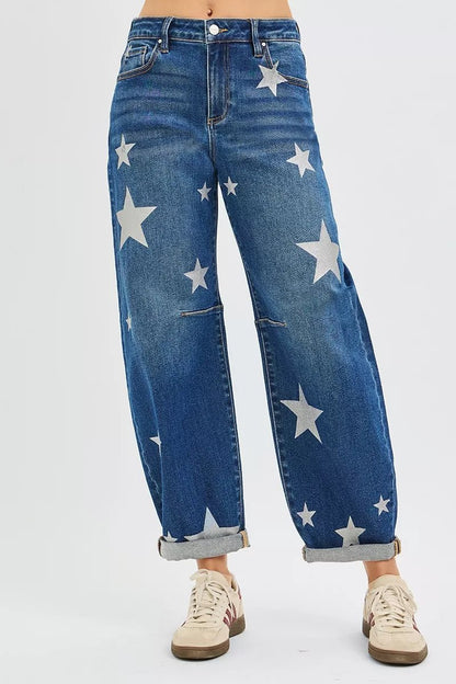 RISEN Mid Rise Ankle Length Relaxed Barrel Star Printed Jeans - Bitsy Gypsy Boutique