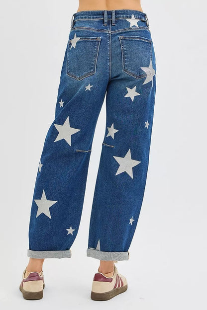RISEN Mid Rise Ankle Length Relaxed Barrel Star Printed Jeans - Bitsy Gypsy Boutique