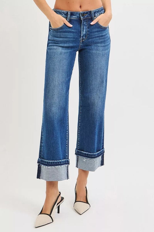 RISEN Mid Rise Ankle Straight Jeans with Cuffed Hem - Bitsy Gypsy Boutique