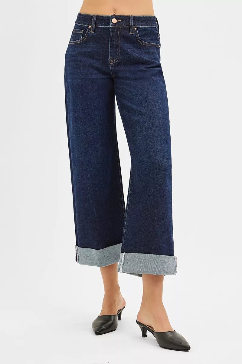 RISEN Mid Rise Fit Ankle Wide Roll Up Jeans - Bitsy Gypsy Boutique