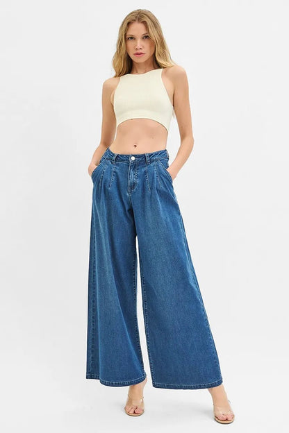 RISEN Mid Rise Fit Wide Leg Knit Denim Look Jeans - Bitsy Gypsy Boutique