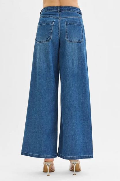 RISEN Mid Rise Fit Wide Leg Knit Denim Look Jeans - Bitsy Gypsy Boutique