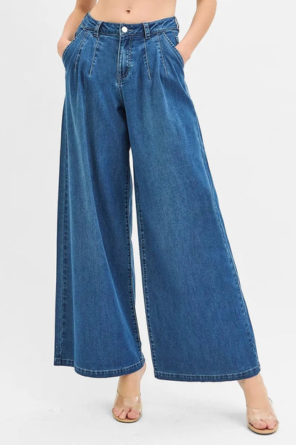 RISEN Mid Rise Fit Wide Leg Knit Denim Look Jeans - Bitsy Gypsy Boutique