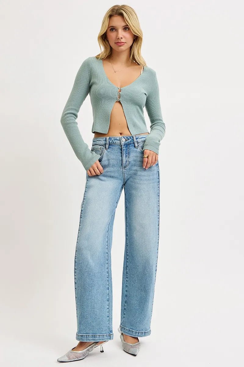 RISEN Mid Rise Wide Barrel Transferable Leg Snap Jeans - Bitsy Gypsy Boutique