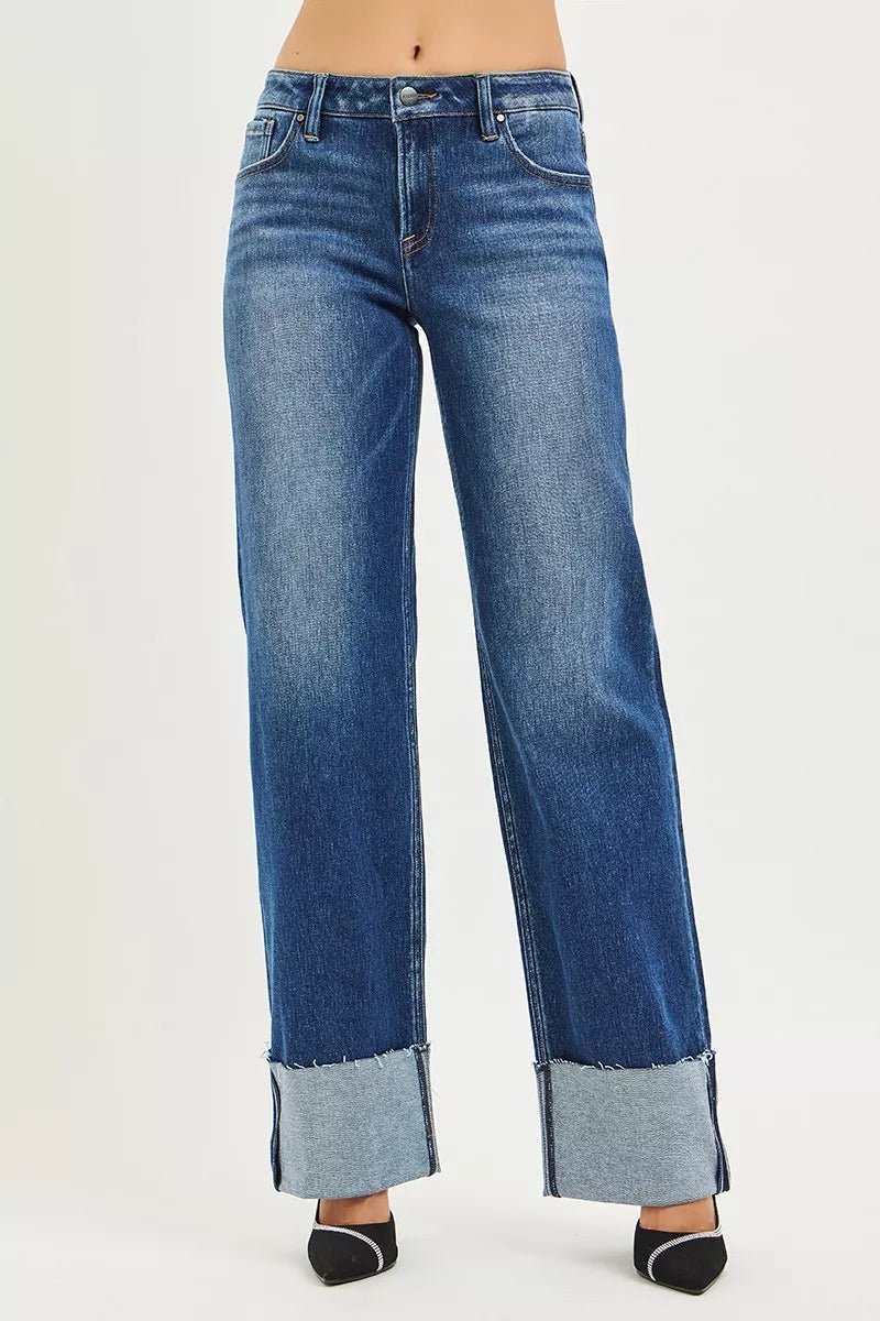 RISEN Mid Rise Wide Straight Jeans With Wide Cuff - Bitsy Gypsy Boutique