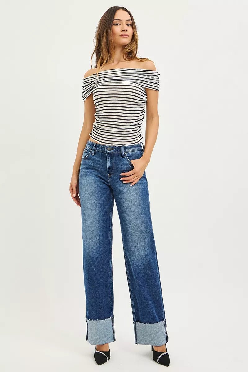 RISEN Mid Rise Wide Straight Jeans With Wide Cuff - Bitsy Gypsy Boutique