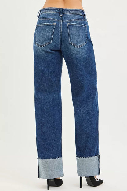 RISEN Mid Rise Wide Straight Jeans With Wide Cuff - Bitsy Gypsy Boutique