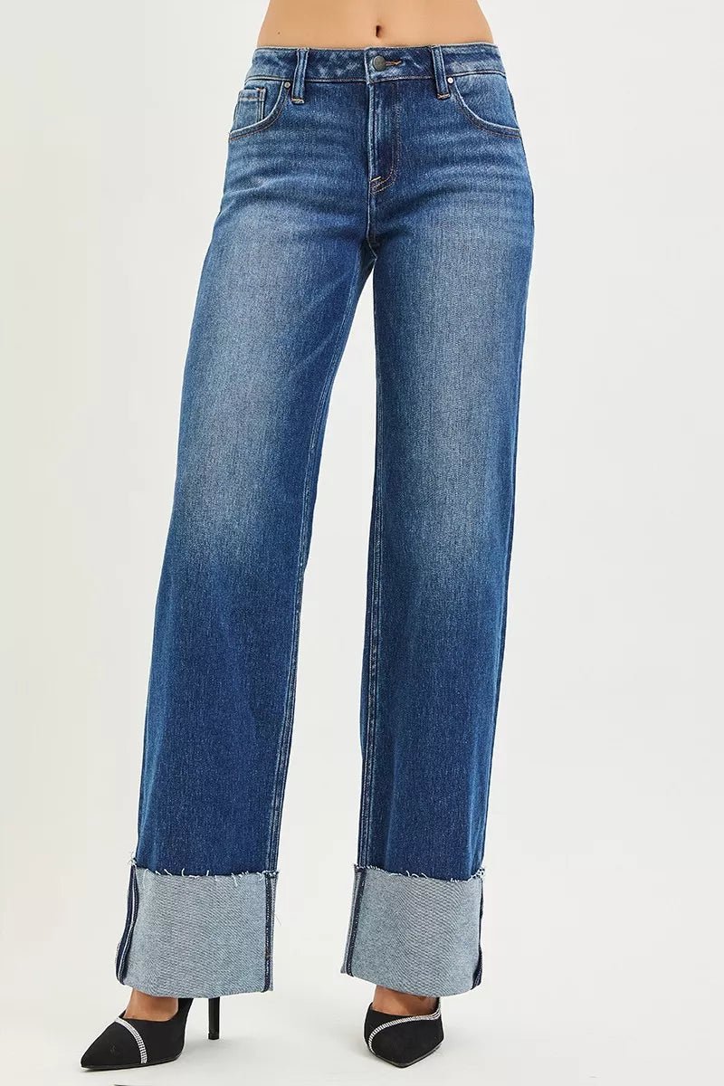 RISEN Mid Rise Wide Straight Jeans With Wide Cuff - Bitsy Gypsy Boutique