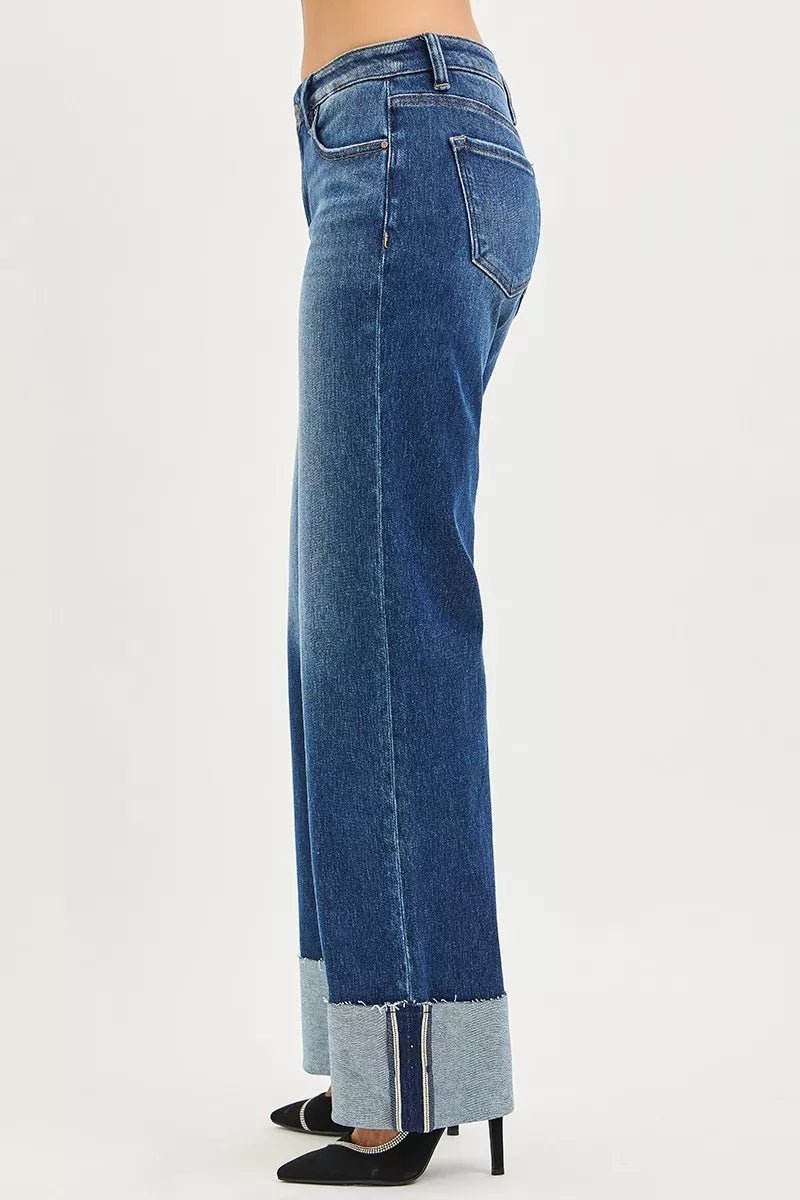 RISEN Mid Rise Wide Straight Jeans With Wide Cuff - Bitsy Gypsy Boutique