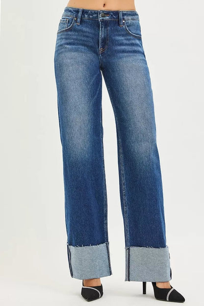RISEN Mid Rise Wide Straight Jeans With Wide Cuff - Bitsy Gypsy Boutique