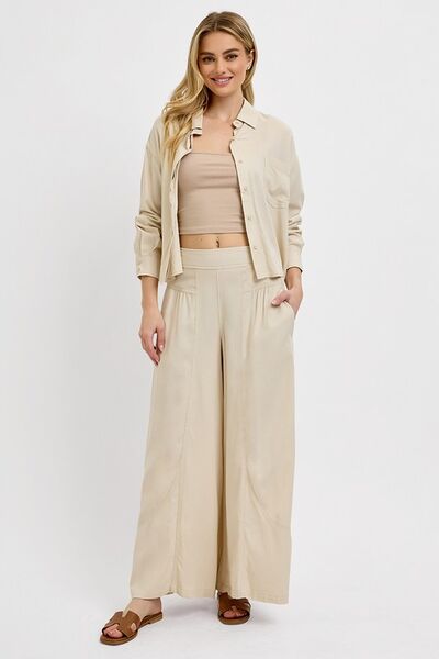 RISEN Shirring Detail Wide Leg Pants - Bitsy Gypsy Boutique