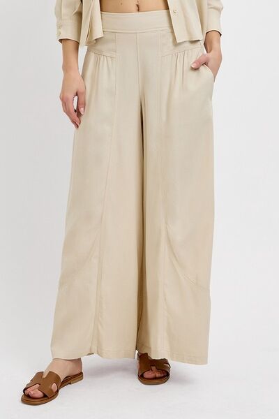 RISEN Shirring Detail Wide Leg Pants - Bitsy Gypsy Boutique