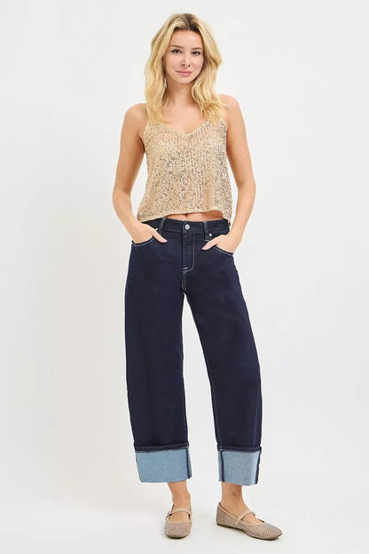RISEN Slouchy Crop Barrel Cuffed Hem Jeans - Bitsy Gypsy Boutique