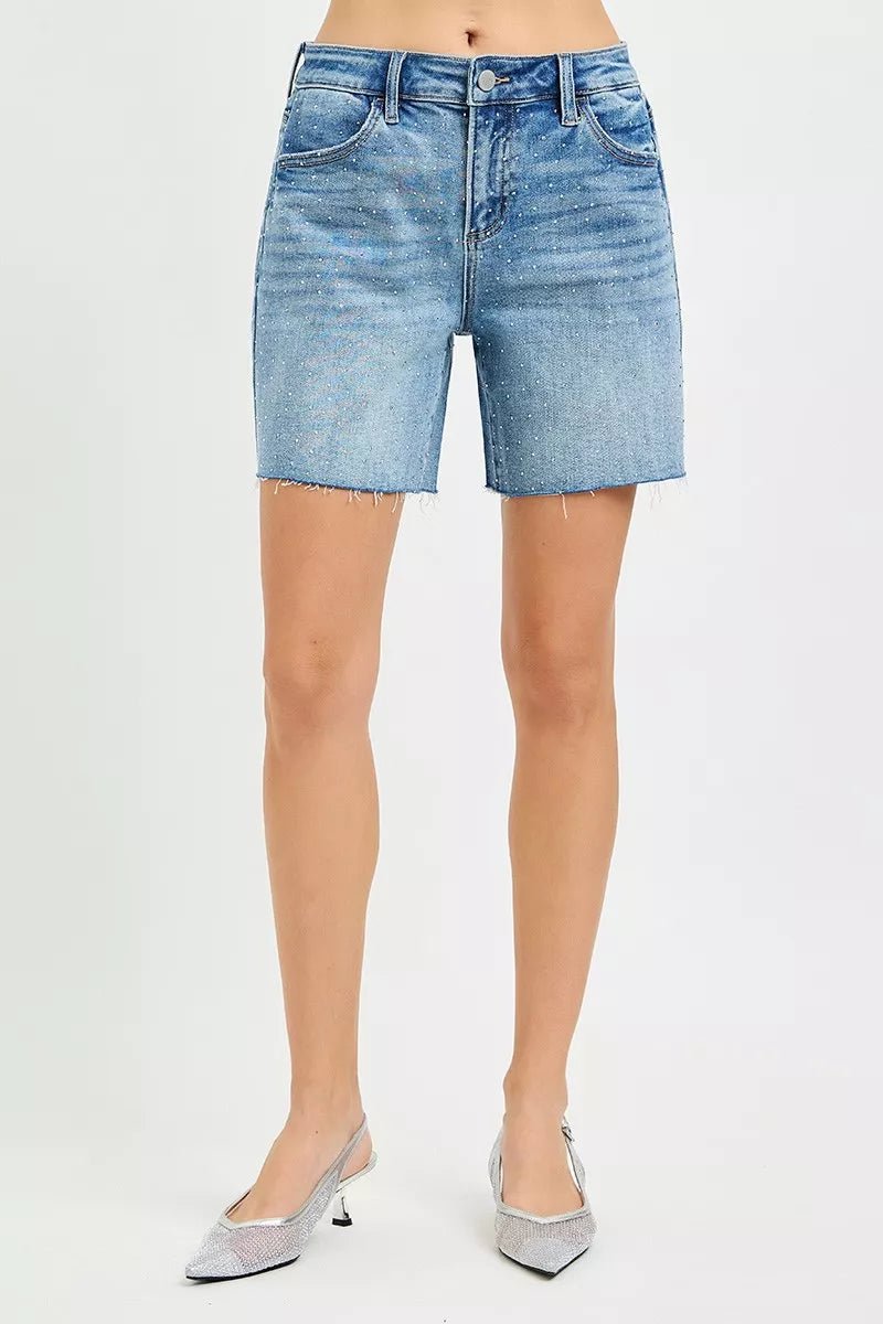 RISEN Slouchy Mid Length All Over Rhinestones Shorts - Bitsy Gypsy Boutique