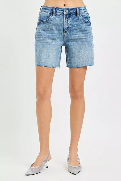 RISEN Slouchy Mid Length All Over Rhinestones Shorts - Bitsy Gypsy Boutique