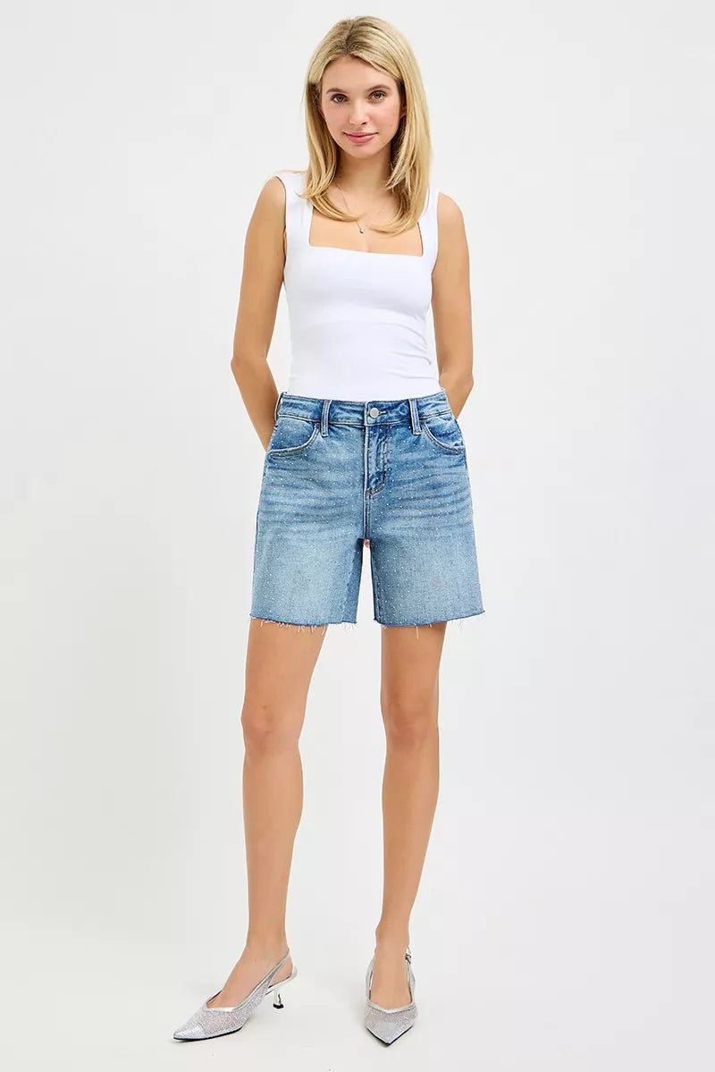 RISEN Slouchy Mid Length All Over Rhinestones Shorts - Bitsy Gypsy Boutique