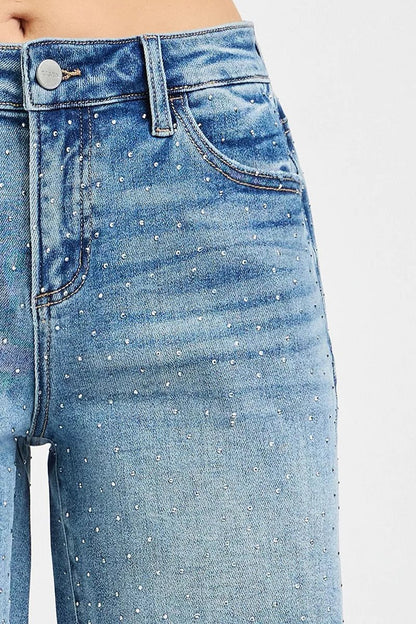 RISEN Slouchy Mid Length All Over Rhinestones Shorts - Bitsy Gypsy Boutique