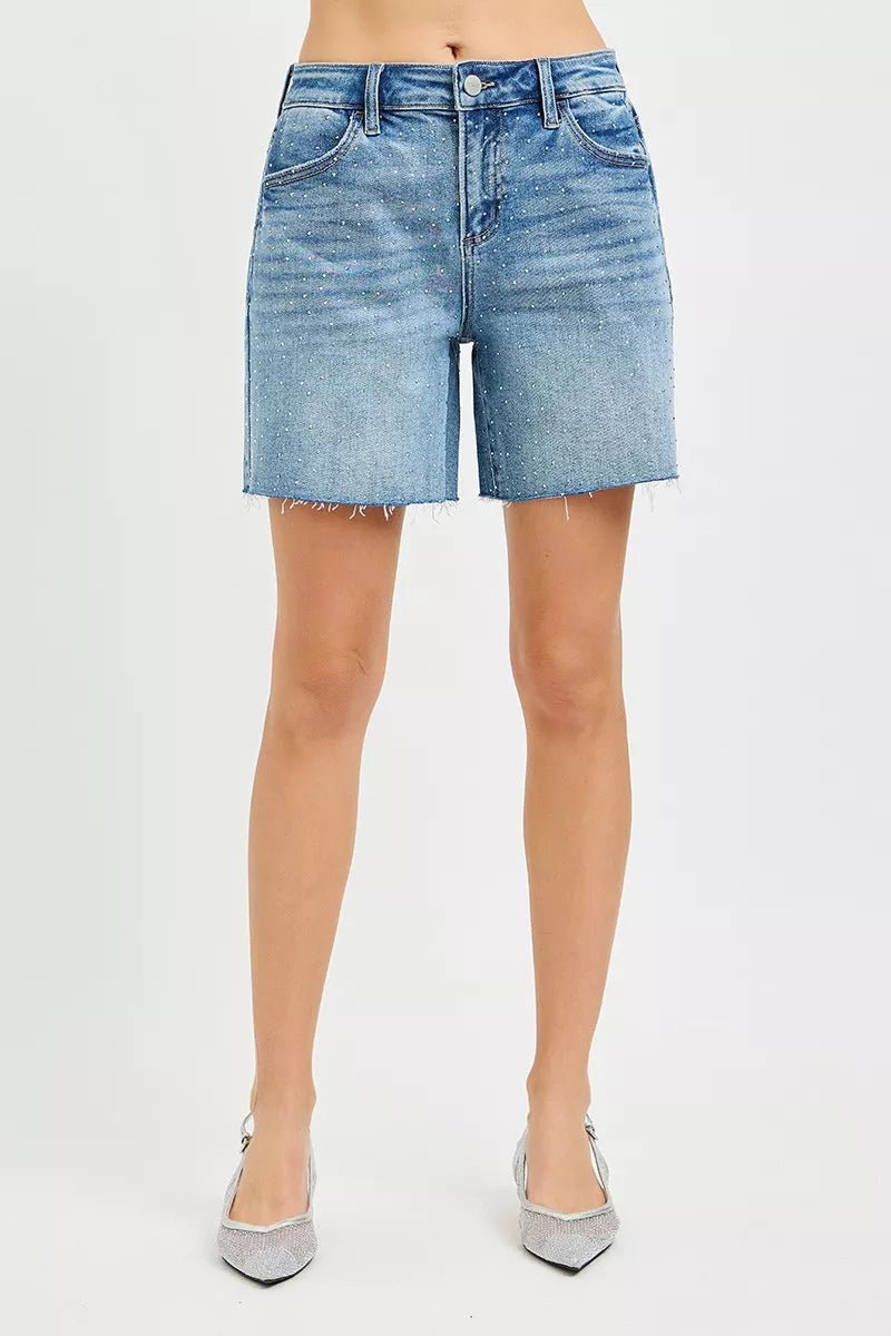RISEN Slouchy Mid Length All Over Rhinestones Shorts - Bitsy Gypsy Boutique