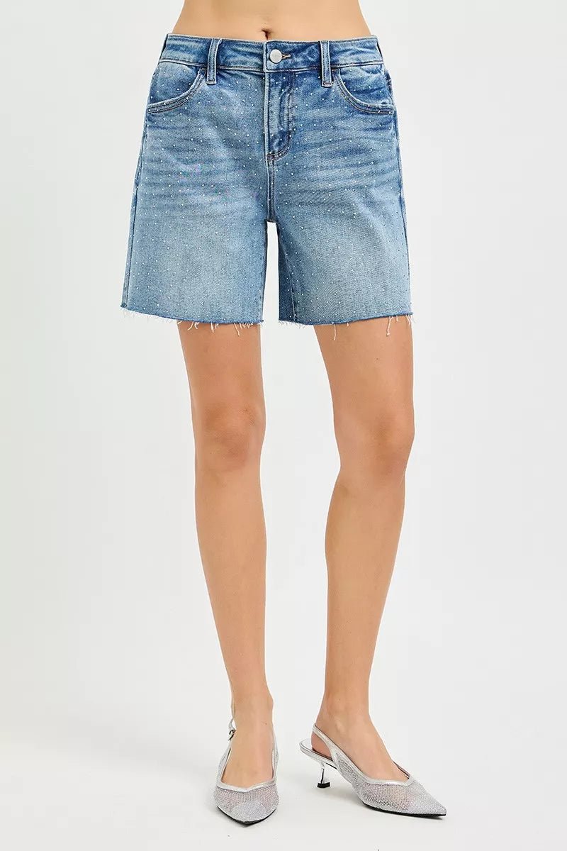 RISEN Slouchy Mid Length All Over Rhinestones Shorts - Bitsy Gypsy Boutique
