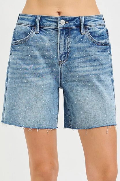RISEN Slouchy Mid Length All Over Rhinestones Shorts - Bitsy Gypsy Boutique