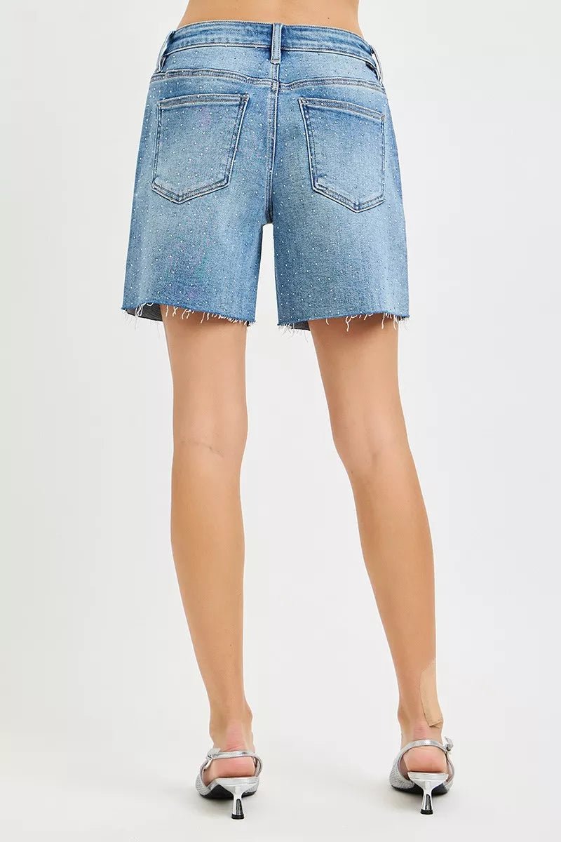 RISEN Slouchy Mid Length All Over Rhinestones Shorts - Bitsy Gypsy Boutique