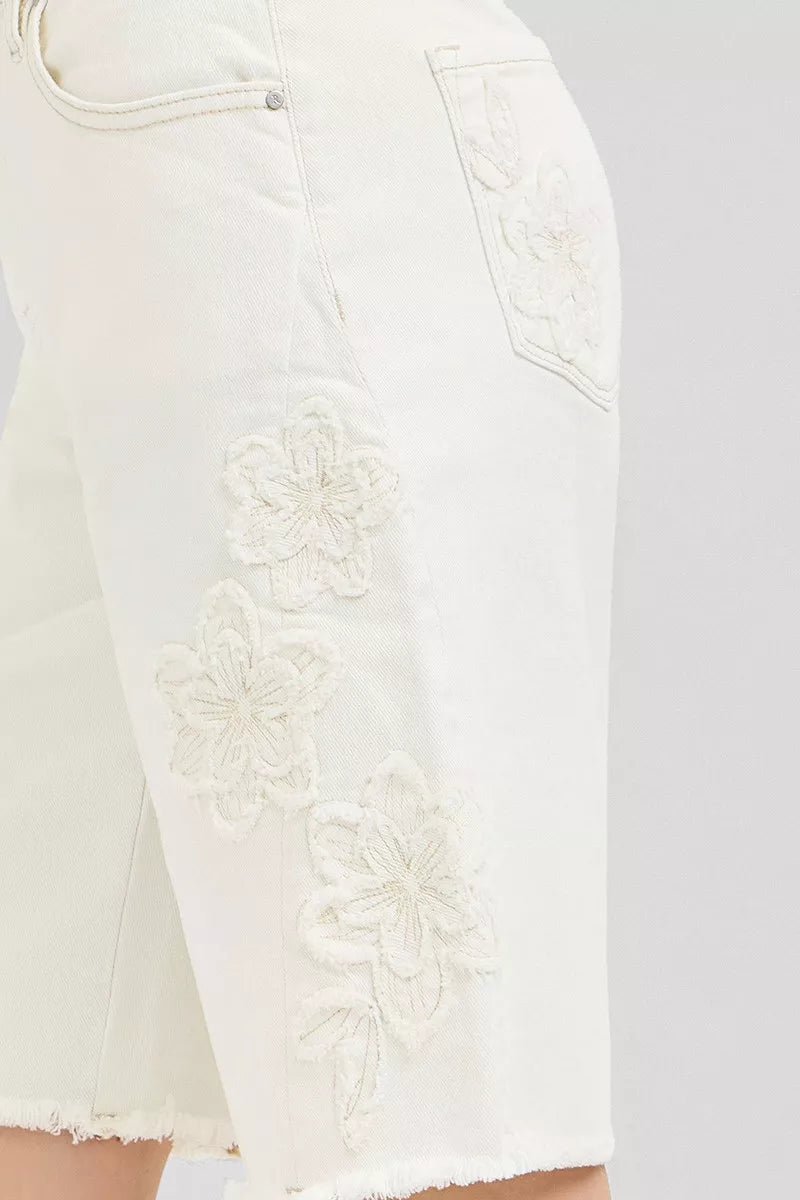 RISEN Slouchy Relaxed Floral Embroidered Bermuda Denim Shorts - Bitsy Gypsy Boutique