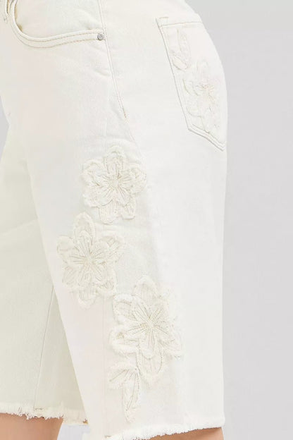 RISEN Slouchy Relaxed Floral Embroidered Bermuda Denim Shorts - Bitsy Gypsy Boutique