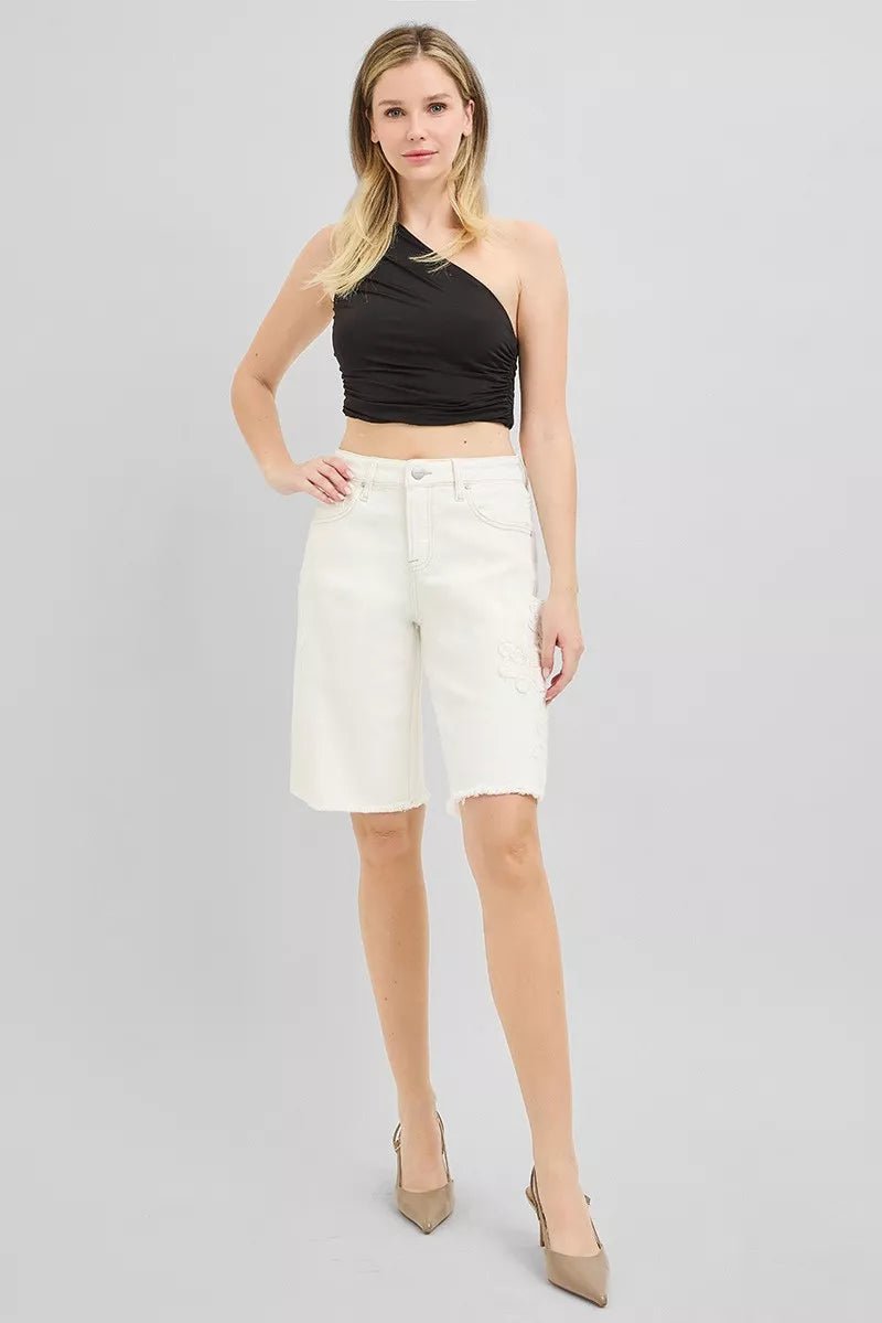 RISEN Slouchy Relaxed Floral Embroidered Bermuda Denim Shorts - Bitsy Gypsy Boutique