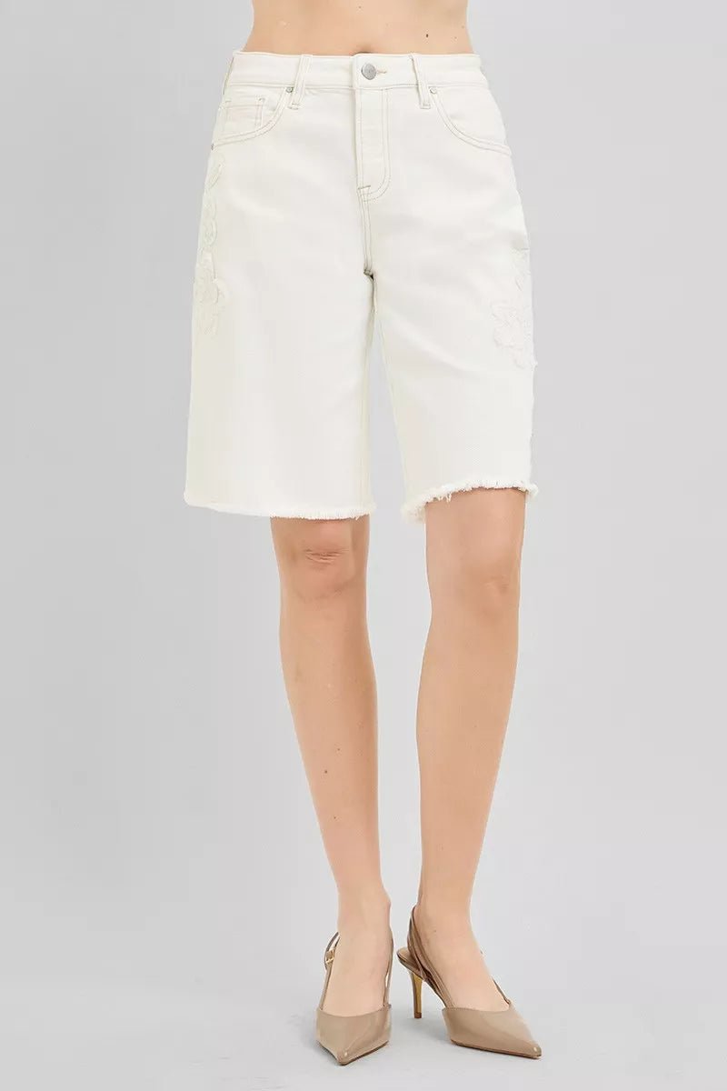 RISEN Slouchy Relaxed Floral Embroidered Bermuda Denim Shorts - Bitsy Gypsy Boutique
