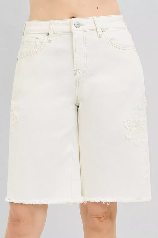 RISEN Slouchy Relaxed Floral Embroidered Bermuda Denim Shorts - Bitsy Gypsy Boutique