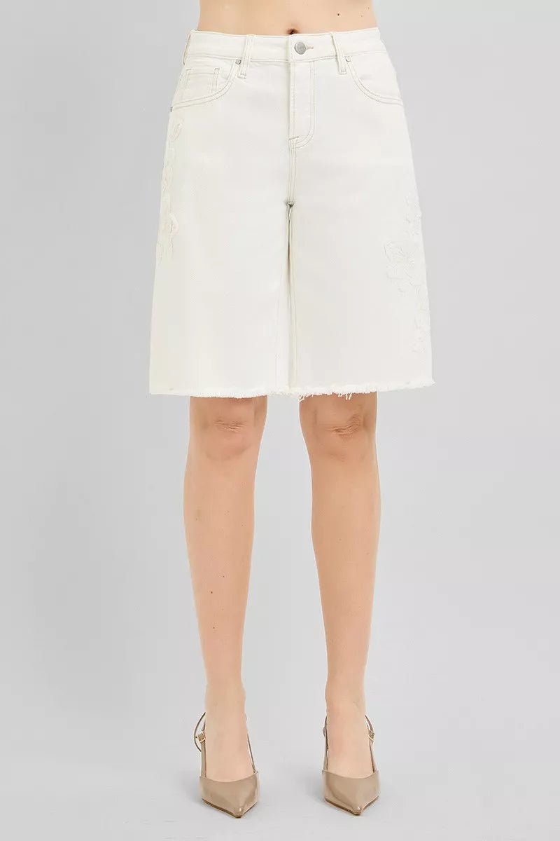 RISEN Slouchy Relaxed Floral Embroidered Bermuda Denim Shorts - Bitsy Gypsy Boutique