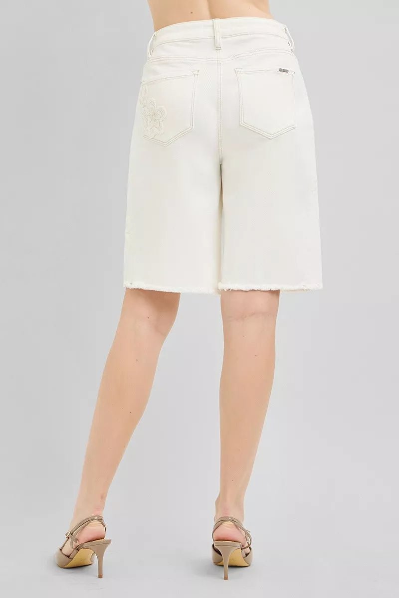 RISEN Slouchy Relaxed Floral Embroidered Bermuda Denim Shorts - Bitsy Gypsy Boutique