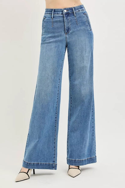 RISEN Tummy Control Elastic Band High Rise Wide Jeans - Bitsy Gypsy Boutique