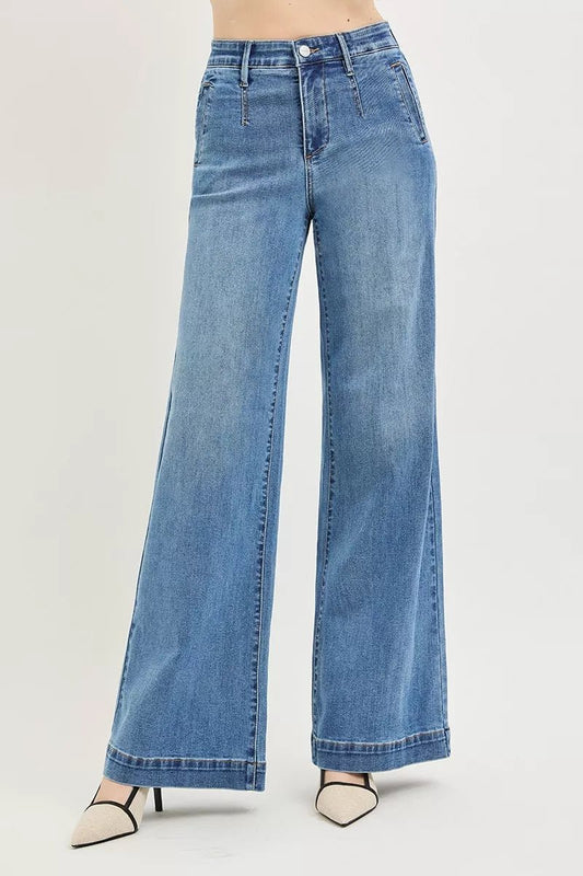 RISEN Tummy Control Elastic Band High Rise Wide Jeans - Bitsy Gypsy Boutique