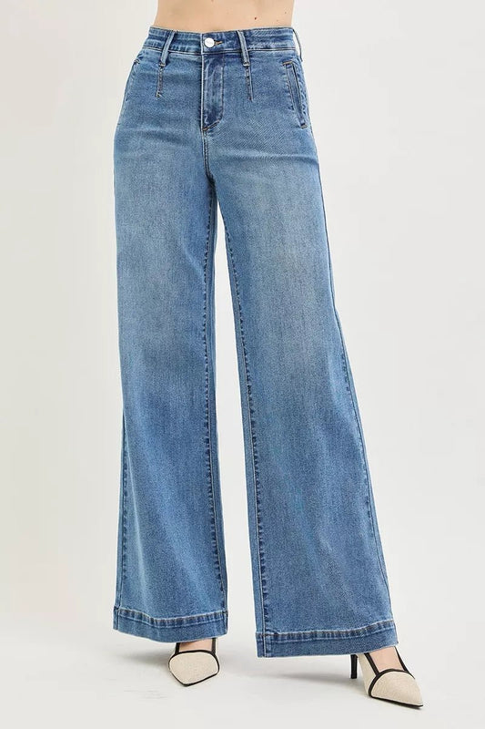 RISEN Tummy Control Elastic Band High Rise Wide Jeans - Bitsy Gypsy Boutique