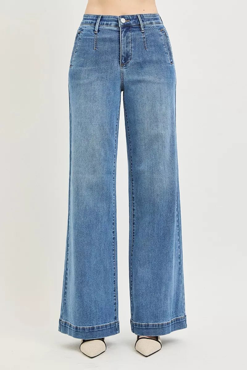 RISEN Tummy Control Elastic Band High Rise Wide Jeans - Bitsy Gypsy Boutique
