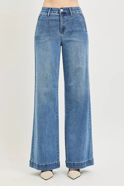 RISEN Tummy Control Elastic Band High Rise Wide Jeans - Bitsy Gypsy Boutique